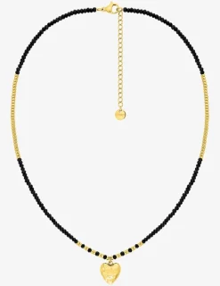 Collier cœur acier doré, boules de verre noires et dorées SO OR