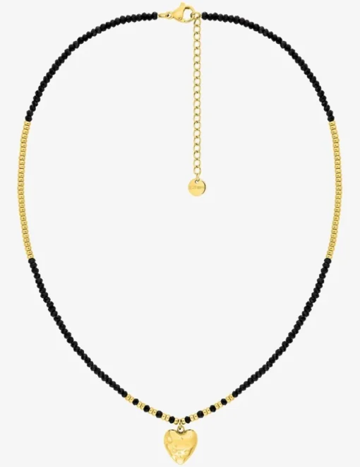 Collier cœur acier doré, boules de verre noires et dorées SO OR