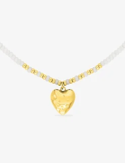 Collier cœur acier doré, boules de verre blanches et dorées SO OR