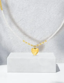Collier cœur acier doré, boules de verre blanches et dorées SO OR