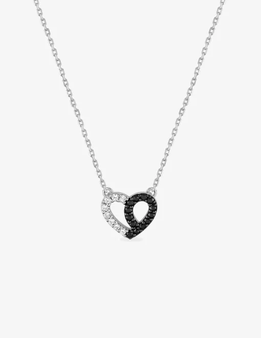 Collier cœur bicolore en argent 925 ‰ rhodié, oxydes de zirconium noirs et blancs SO OR