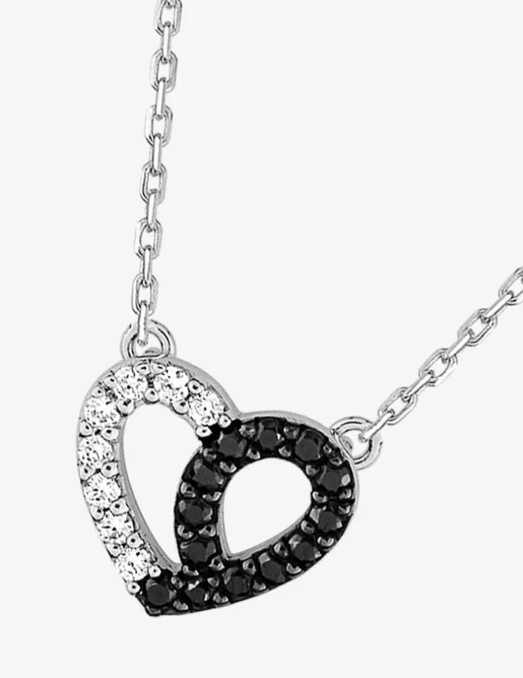 Collier cœur bicolore en argent 925 ‰ rhodié, oxydes de zirconium noirs et blancs SO OR