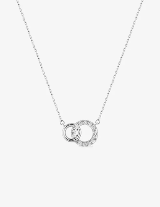 Collier deux cercles entrelacés en or blanc 375 ‰ et oxydes de zirconium avec rhodium SO OR