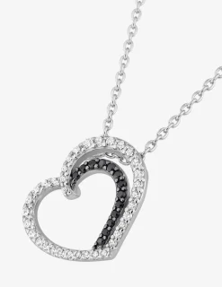 Collier double cœur argent 925‰ rhodié et oxydes de zirconium blancs et noirs SO OR