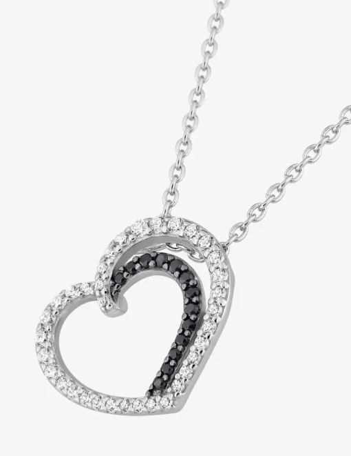 Collier double cœur argent 925‰ rhodié et oxydes de zirconium blancs et noirs SO OR