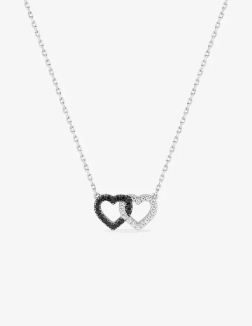 Collier en argent 925 ‰ rhodié, motif cœurs entrelacés et oxydes de zirconium blancs et noirs SO OR