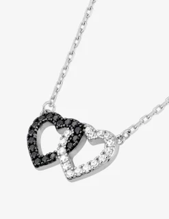 Collier en argent 925 ‰ rhodié, motif cœurs entrelacés et oxydes de zirconium blancs et noirs SO OR