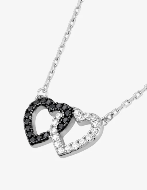 Collier en argent 925 ‰ rhodié, motif cœurs entrelacés et oxydes de zirconium blancs et noirs SO OR