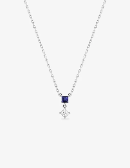 Collier en argent 925‰ oxyde blanc et bleu carré losange chaine forçat SO OR