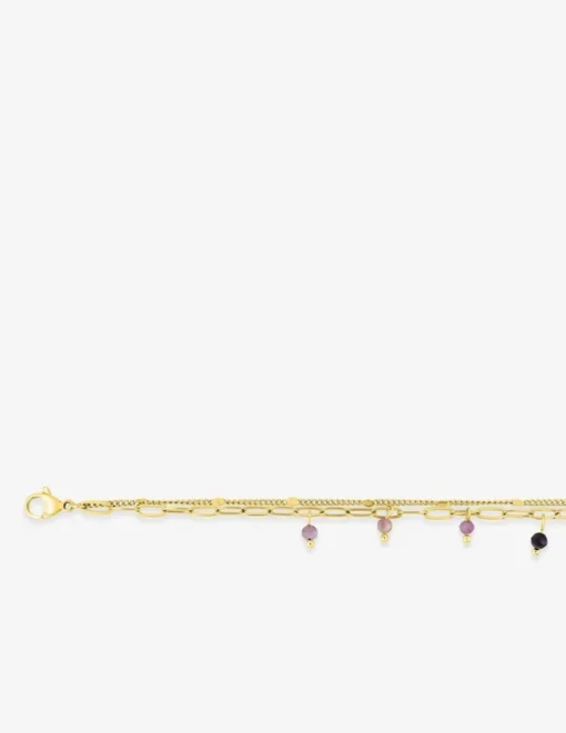 Collier en double chaîne en acier doré, tourmalines roses SO OR