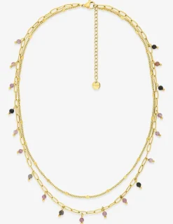 Collier en double chaîne en acier doré, tourmalines roses SO OR