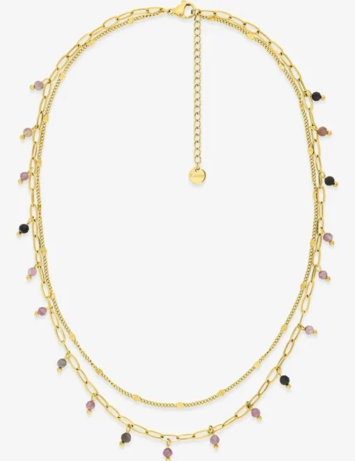 Collier en double chaîne en acier doré, tourmalines roses SO OR
