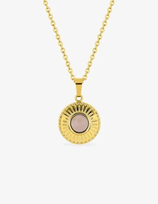 Collier fantaisie acier doré, chaine forçat et pendentif cristal rose synthétique SO OR