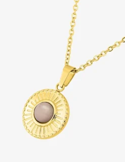 Collier fantaisie acier doré, chaine forçat et pendentif cristal rose synthétique SO OR