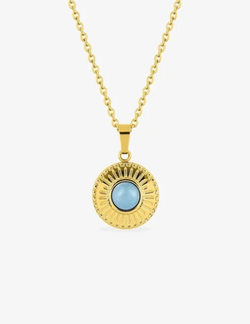 Collier fantaisie acier doré, chaine forçat et pendentif cristal bleu synthétique SO OR