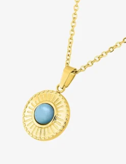 Collier fantaisie acier doré, chaine forçat et pendentif cristal bleu synthétique SO OR