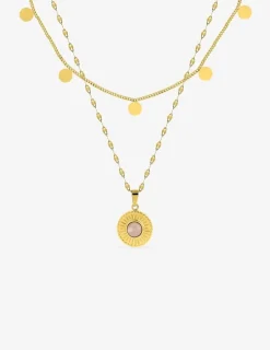 Collier fantaisie double, acier doré, motif pendants et cristal rose synthétique SO OR