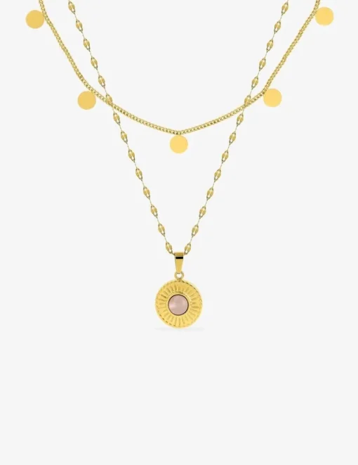Collier fantaisie double, acier doré, motif pendants et cristal rose synthétique SO OR