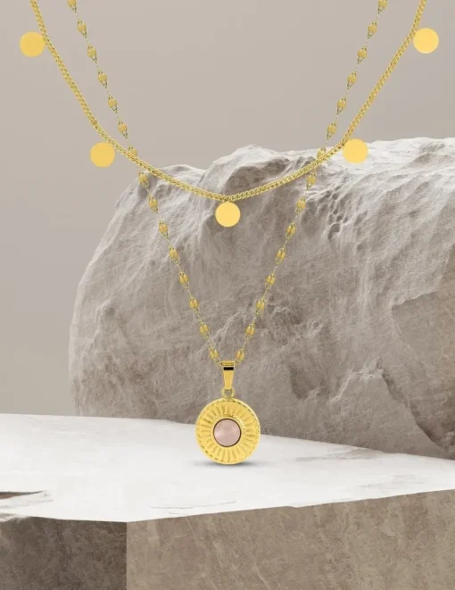 Collier fantaisie double, acier doré, motif pendants et cristal rose synthétique SO OR