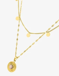Collier fantaisie double, acier doré, motif pendants et cristal rose synthétique SO OR