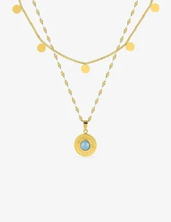 Collier fantaisie double, acier doré, motif pendants et cristal bleu synthétique SO OR