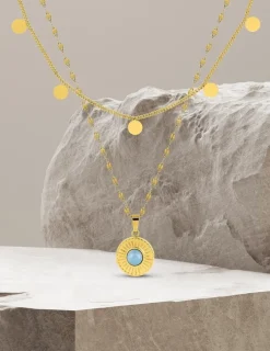 Collier fantaisie double, acier doré, motif pendants et cristal bleu synthétique SO OR