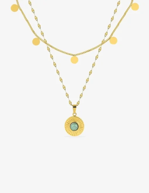 Collier fantaisie double, acier doré, motif pendants et jade verte synthétique SO OR