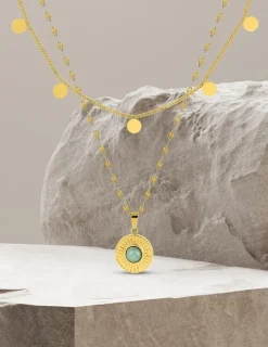 Collier fantaisie double, acier doré, motif pendants et jade verte synthétique SO OR