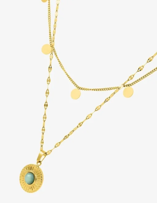 Collier fantaisie double, acier doré, motif pendants et jade verte synthétique SO OR