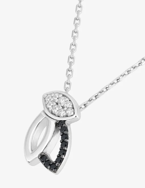 Collier feuilles argent 925‰ rhodié, rhodium noir et oxydes de zirconium blancs et noirs SO OR