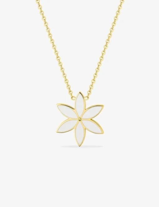 Collier fleur en acier doré, émail blanc SO OR