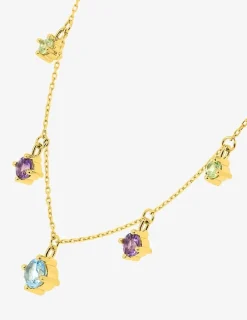 Collier or 375 ‰ jaune avec pampilles de topaze bleue, améthyste et péridot SO OR