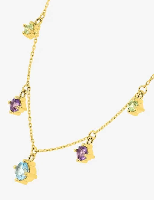 Collier or 375 ‰ jaune avec pampilles de topaze bleue, améthyste et péridot SO OR