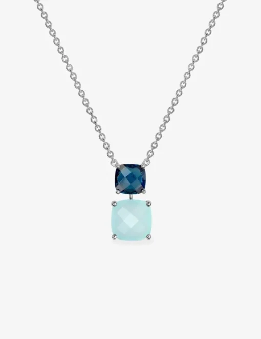 Collier or blanc 750 ‰ topaze et calcédoine bleue SO OR