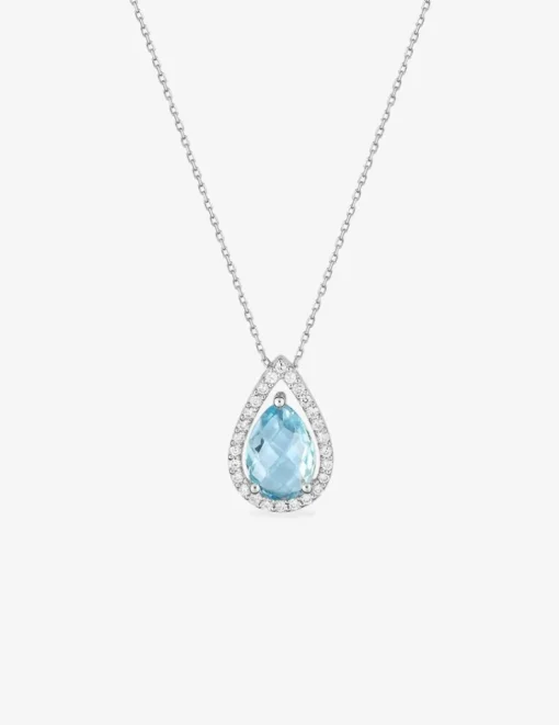 Collier or blanc 375‰, oxydes de zirconium et topaze bleue poire SO OR