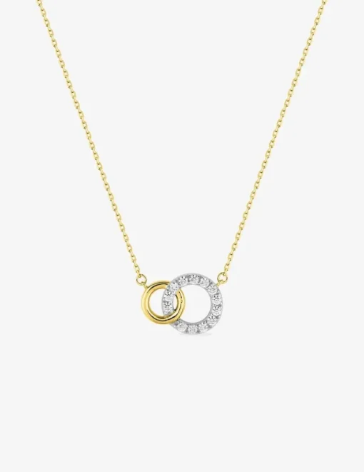 Collier or jaune 375 ‰ deux cercles entrelacés en et oxydes de zirconium avec rhodium SO OR