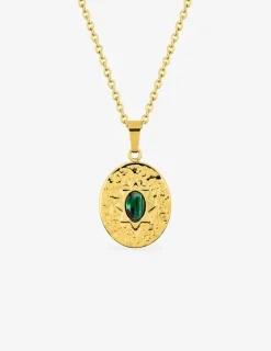 Collier pendentif 45 cm, acier doré, malachite synthétique SO OR