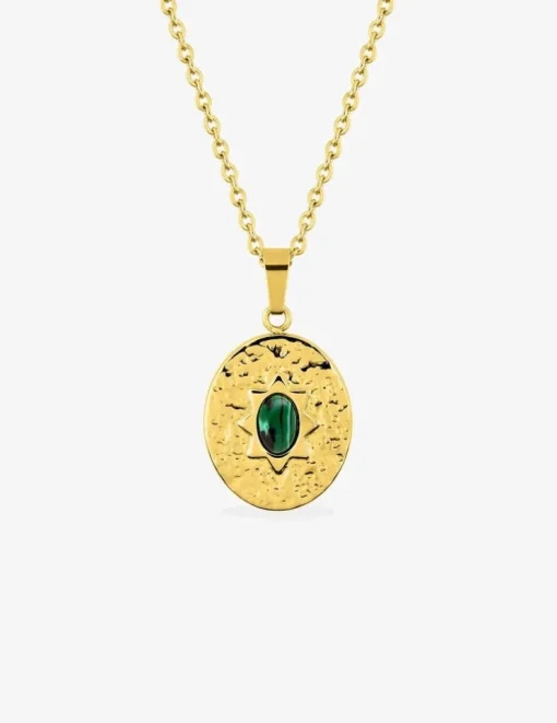 Collier pendentif 45 cm, acier doré, malachite synthétique SO OR