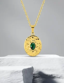 Collier pendentif 45 cm, acier doré, malachite synthétique SO OR
