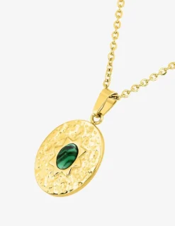 Collier pendentif 45 cm, acier doré, malachite synthétique SO OR
