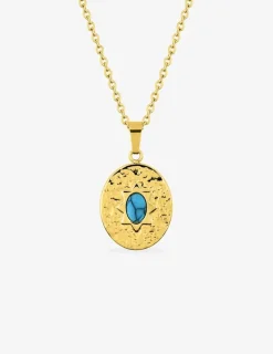 Collier pendentif 45 cm, acier doré, turquoise synthétique SO OR