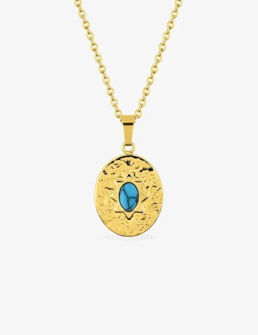 Collier pendentif 45 cm, acier doré, turquoise synthétique SO OR