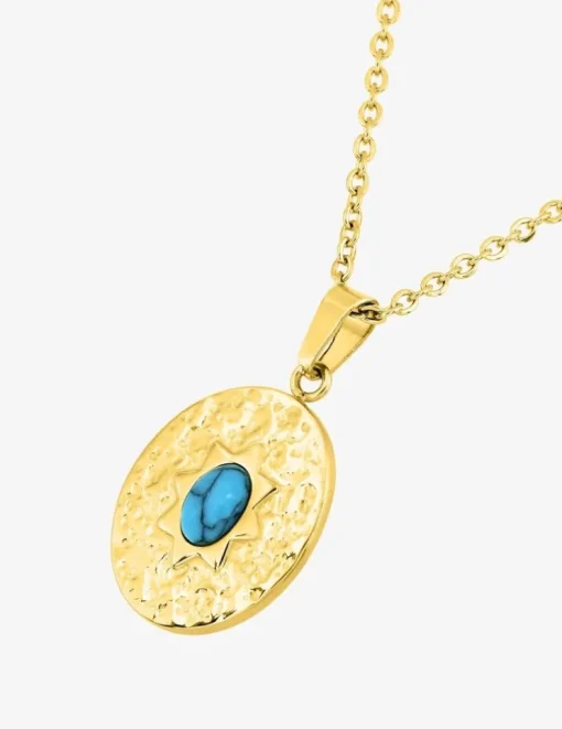 Collier pendentif 45 cm, acier doré, turquoise synthétique SO OR