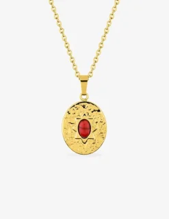 Collier pendentif 45 cm, acier doré, turquoise rouge synthétique SO OR