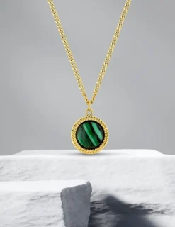 Collier pendentif acier doré motif et malachite SO OR