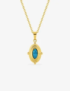 Collier pendentif acier doré, motif ovale et turquoise synthétique SO OR