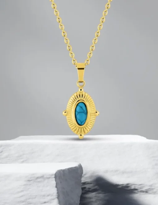 Collier pendentif acier doré, motif ovale et turquoise synthétique SO OR