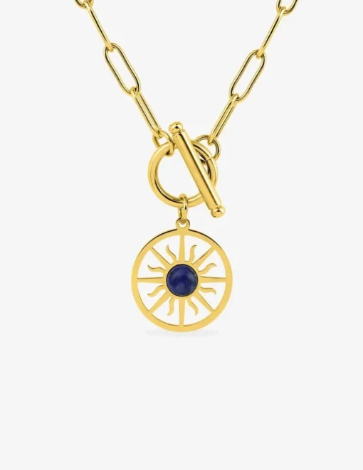 Collier pendentif acier doré, lapis-lazuli bleu et fermoir barrette SO OR