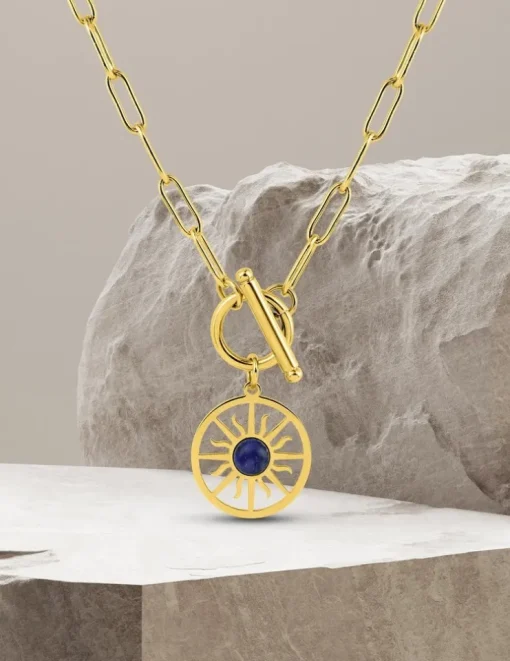 Collier pendentif acier doré, lapis-lazuli bleu et fermoir barrette SO OR