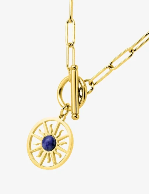 Collier pendentif acier doré, lapis-lazuli bleu et fermoir barrette SO OR